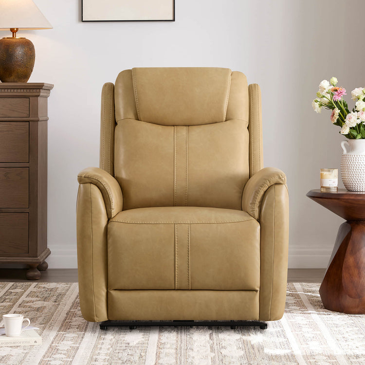 Tan Atlas Modern Zero-Gravity Power Recliner with plush headrest and independent footrest in a living room setting.