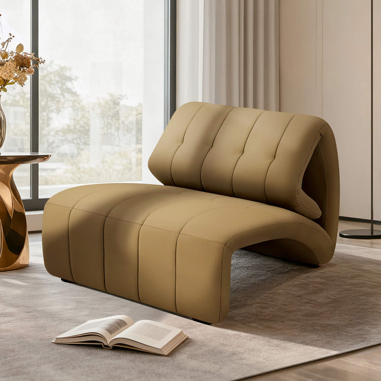 Brenda Adjustable Geometric Accent Chair: cafe brown faux leather, modern sculptural chair.