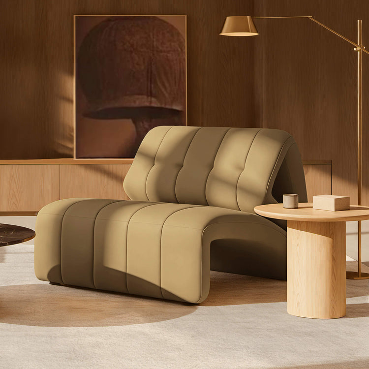Brenda Geometric Accent Chair in Cafe Brown faux leather, modern adjustable curved design.