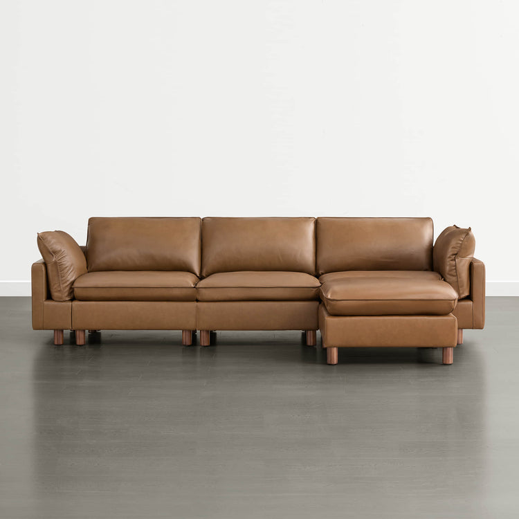 Brendon modular 4-seat sectional sofa in saddle top-grain leather with wood legs