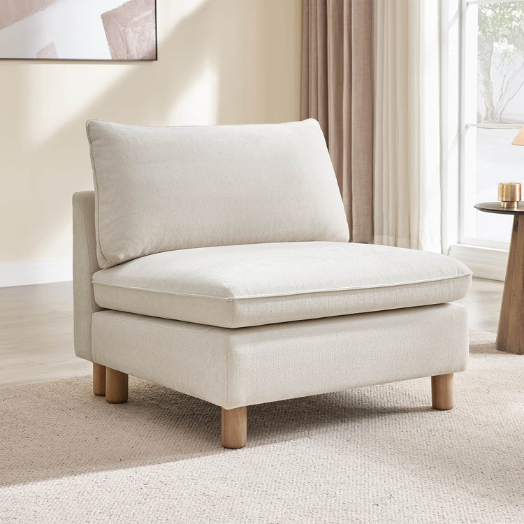 Brendon Armless Chair with light beige textured fabric and solid wood legs