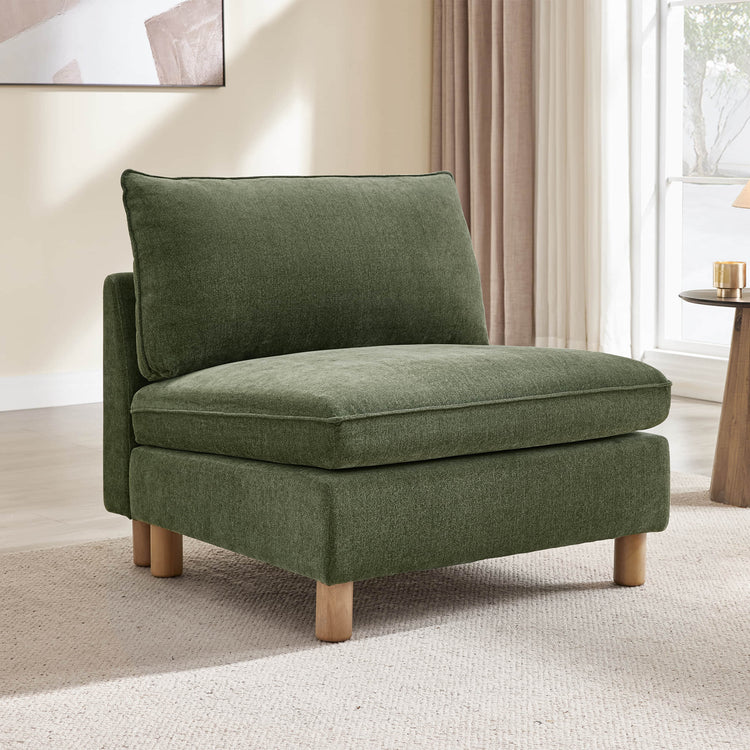 Brendon armless chair in forest green fabric with solid wood legs, featuring plush, removable cushions.