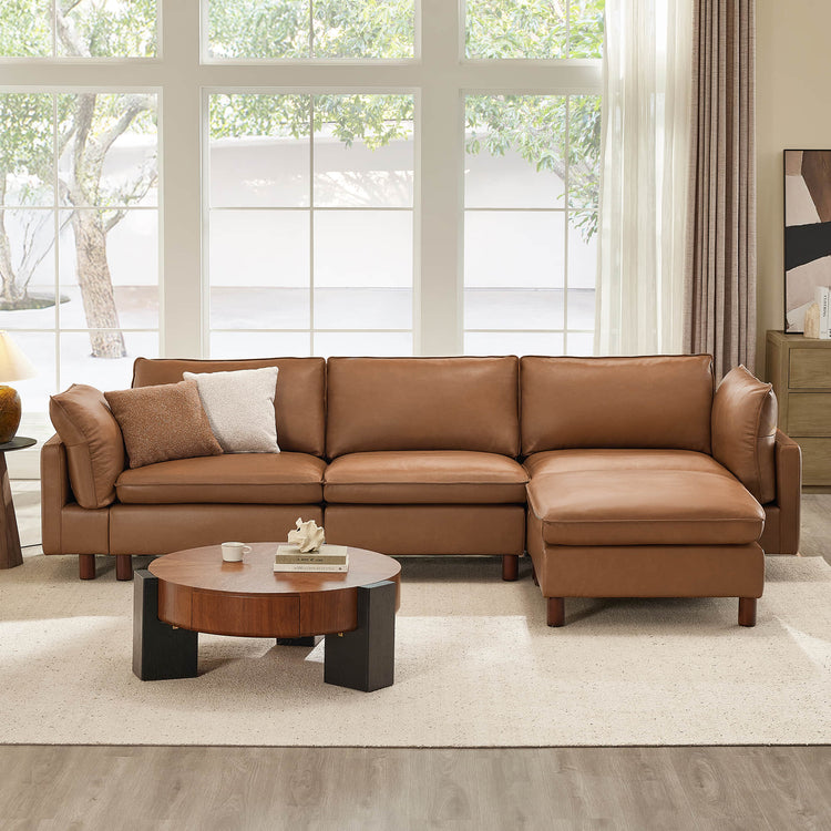 Brendon modular 4-seat sectional sofa, tan top-grain leather, wood legs, chaise.