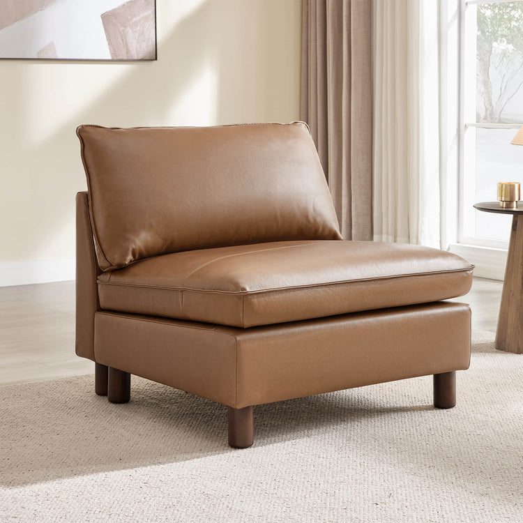 Brendon Armless Chair in brown leather with plush cushions and solid wood legs. Modern, cozy seating.