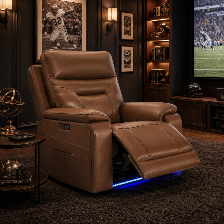 Hamish Genuine Leather Lay-Flat Power Recliner with LED Lighting