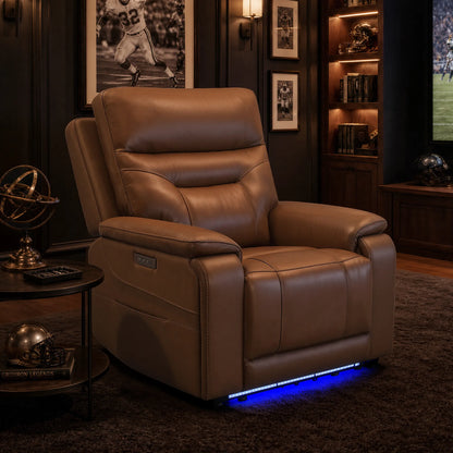 Hamish Genuine Leather Lay-Flat Power Recliner with LED Lighting