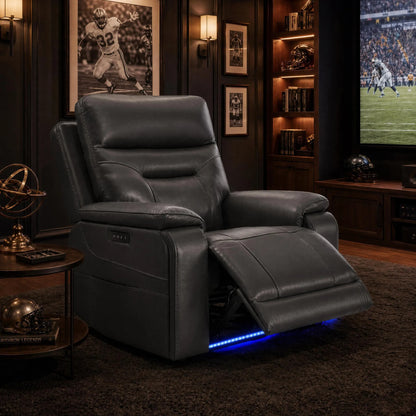 Hamish Genuine Leather Lay-Flat Power Recliner with LED Lighting