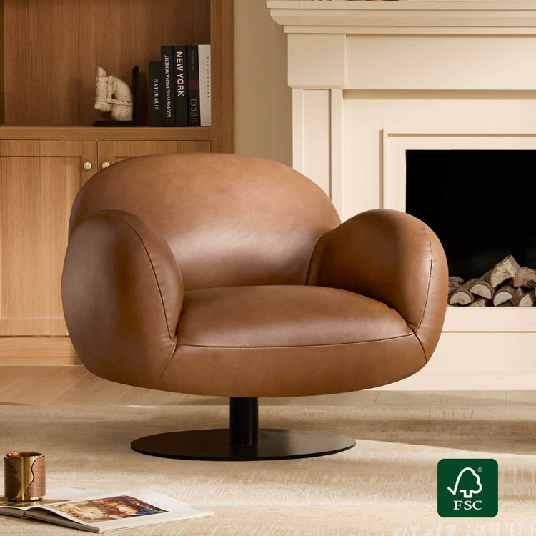 Cloud Puffy Genuine Leather Swivel Accent Chair