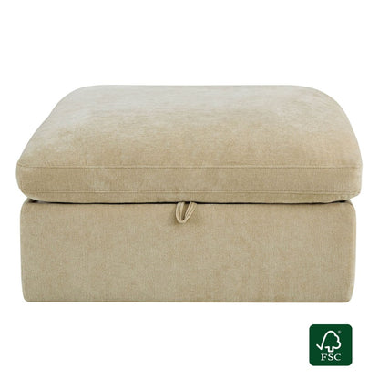 Ivy modular performance fabric ottoman with storage in beige, featuring a lift-top for discreet storage. FSC certified.
