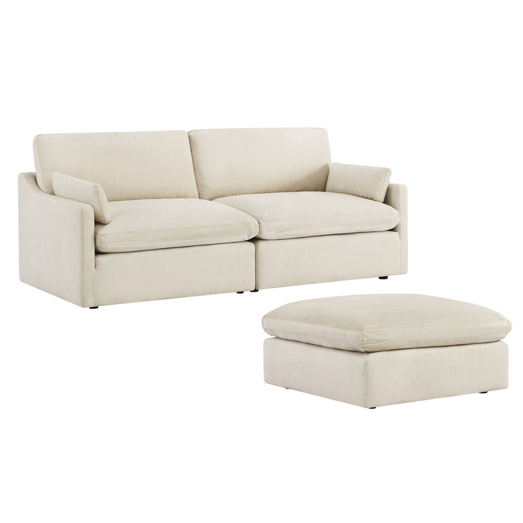 Kenna 3-Seat Modular Sofa and Ottoman in beige fabric, modern design for living room.