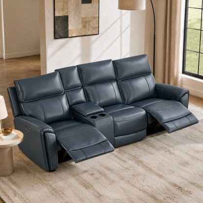 Libonet Modern Genuine Leather Reclining Sofa with Power Headrest