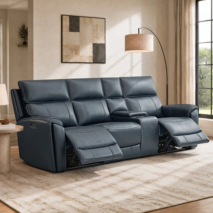 Libonet Modern Genuine Leather Reclining Sofa with Power Headrest