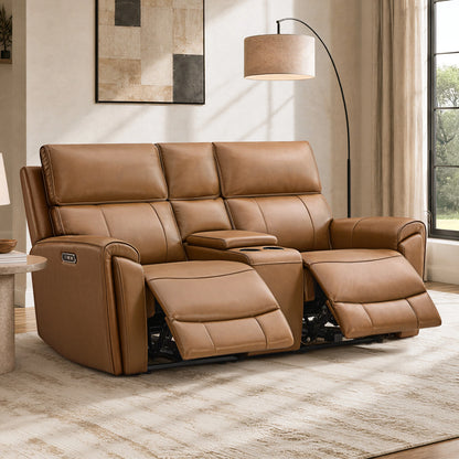 Libonet Modern Genuine Leather Reclining Sofa with Power Headrest