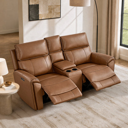 Libonet Modern Genuine Leather Reclining Sofa with Power Headrest