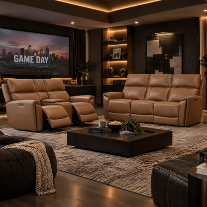 Libonet Modern Genuine Leather Reclining Sofa with Power Headrest