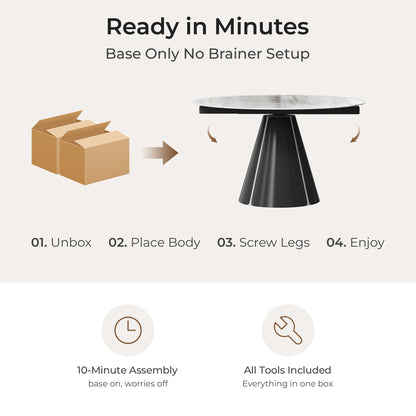 Round extendable sintered stone dining table with black pedestal base, easy 10-minute assembly
