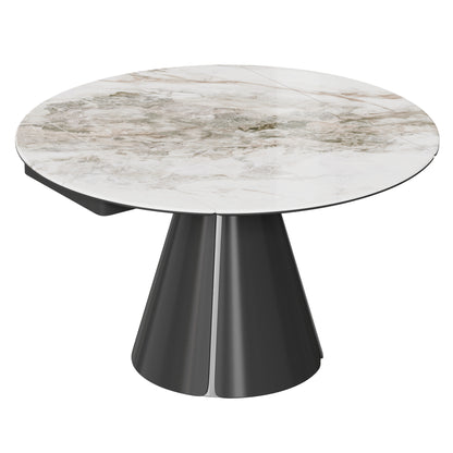 Camila round extendable dining table with white sintered stone top and black pedestal base