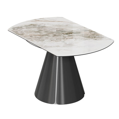 Camila round extendable dining table with white sintered stone top and dark tapered base