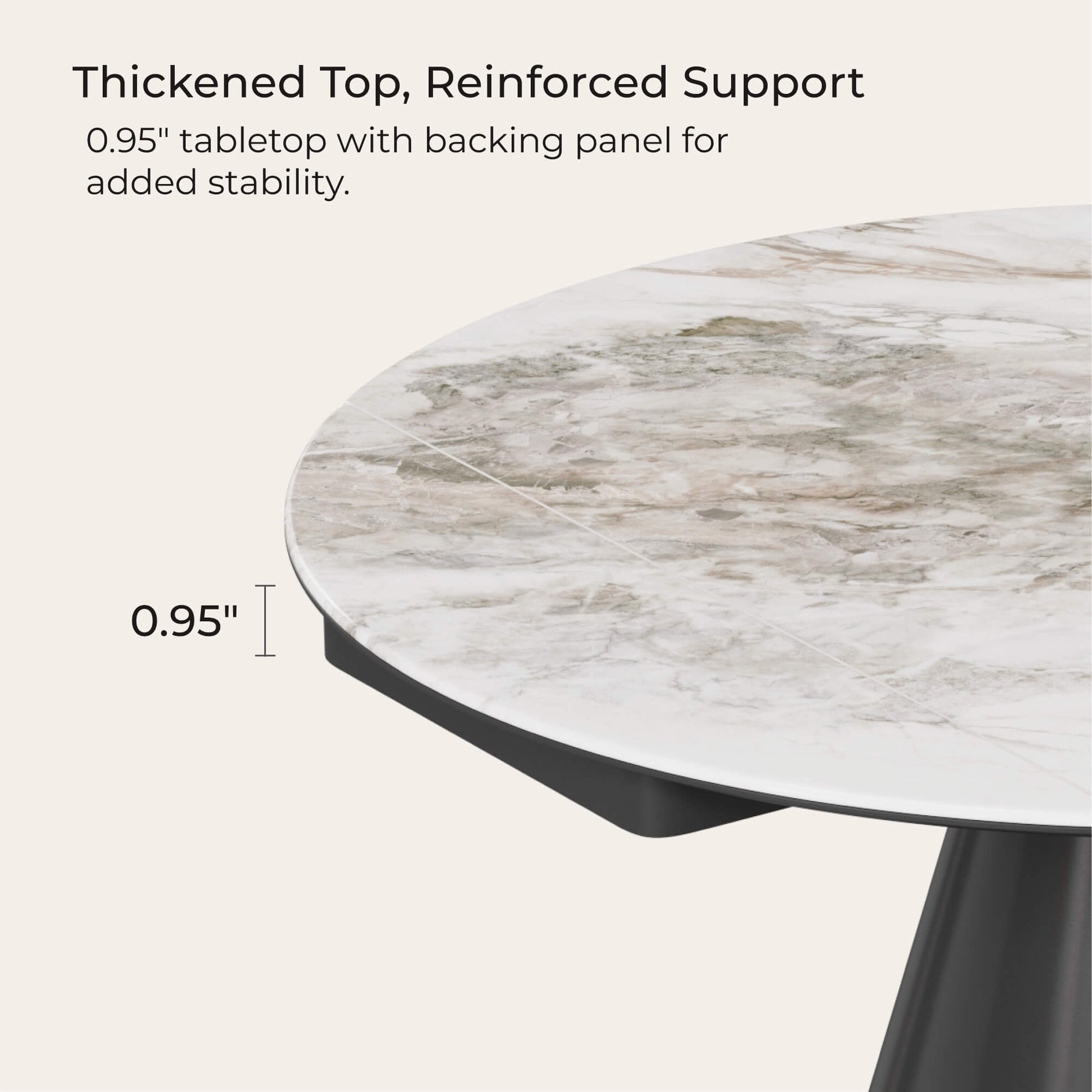 Thick sintered stone round dining table top with reinforced black base, 0.95-inch tabletop