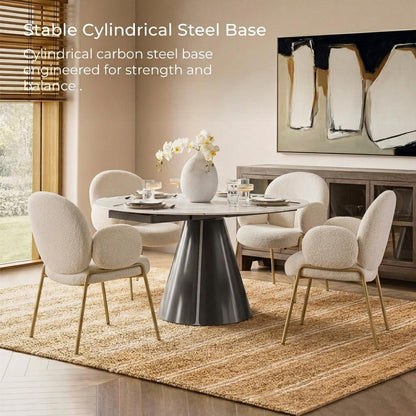 Round extendable sintered stone dining table with stable cylindrical steel base, cream chairs