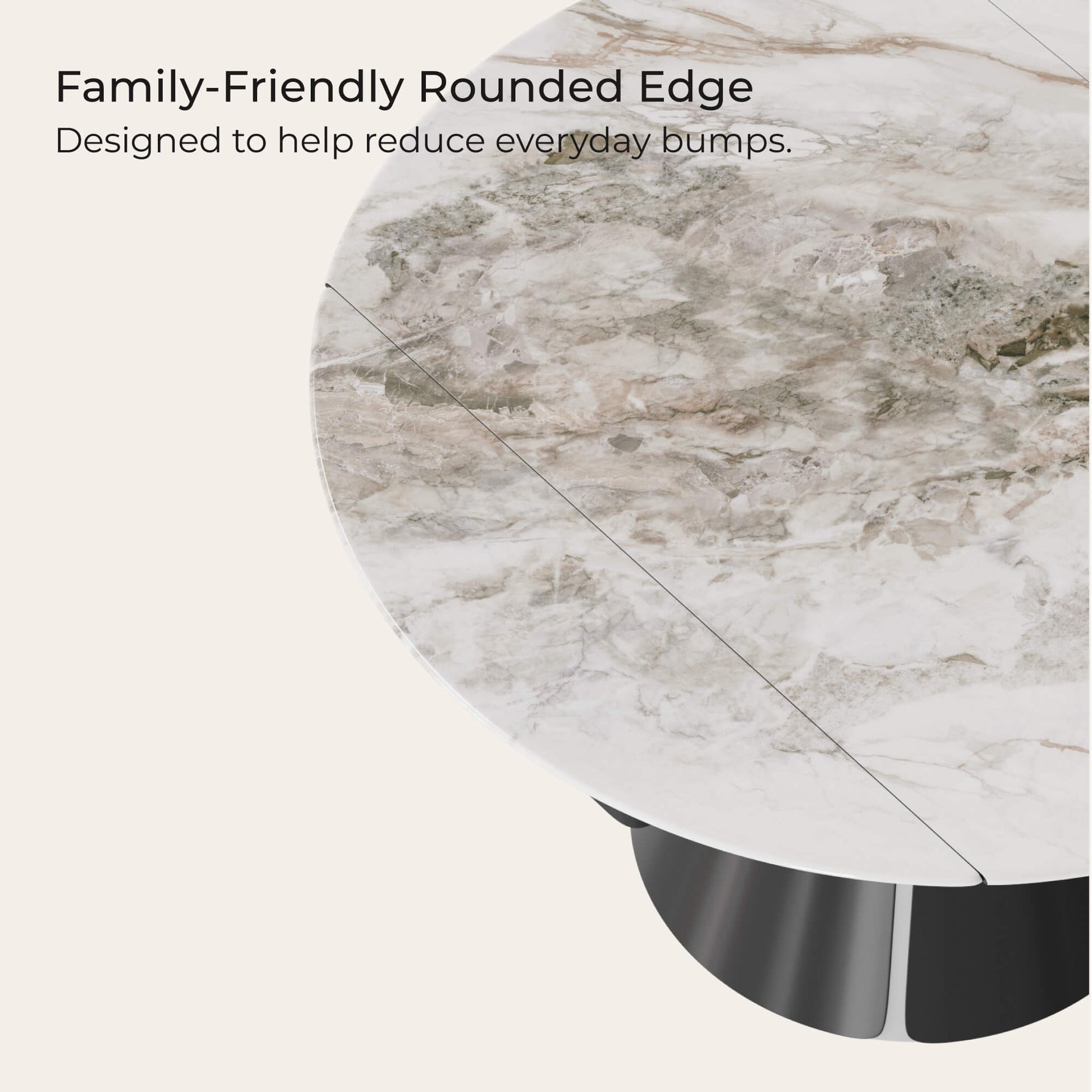 Camila round extendable dining table with rounded edge and marble-look sintered stone top