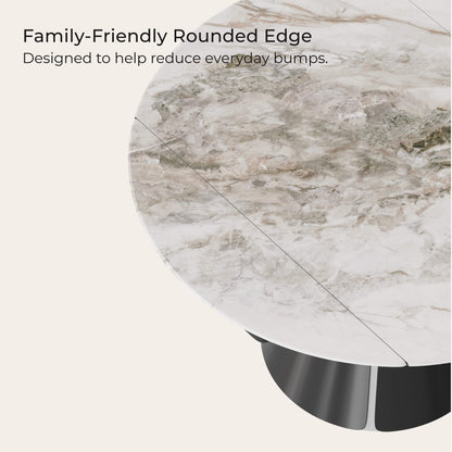 Camila round extendable dining table with rounded edge and marble-look sintered stone top
