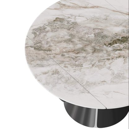 Round extendable sintered stone dining table with white marble-look top and dark base