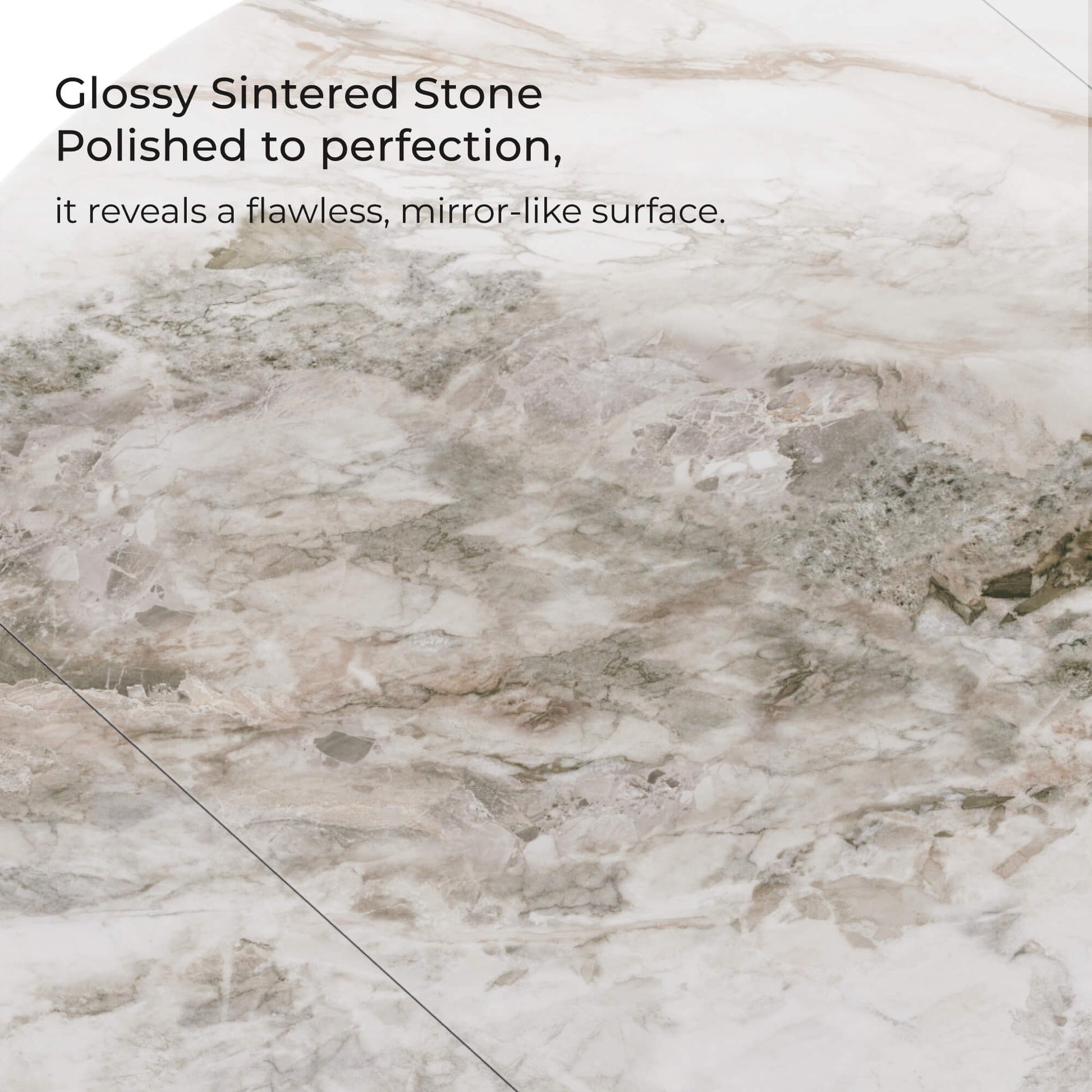 Glossy sintered stone tabletop with marble-like veining, polished mirror-like finish