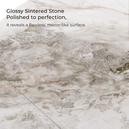 Glossy sintered stone tabletop with marble-like veining, polished mirror-like finish