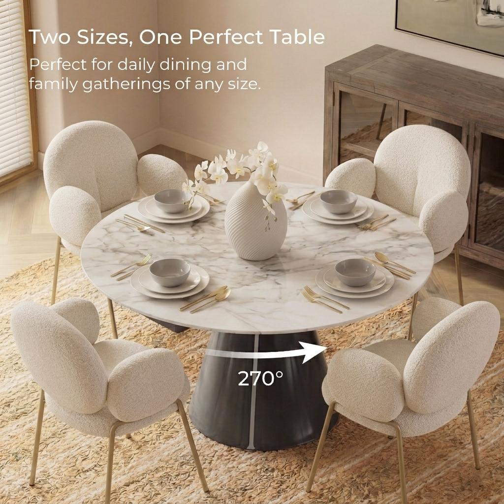 Camila round extendable dining table with marble-look sintered stone top, 270° rotation