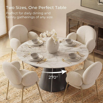 Camila round extendable dining table with marble-look sintered stone top, 270° rotation