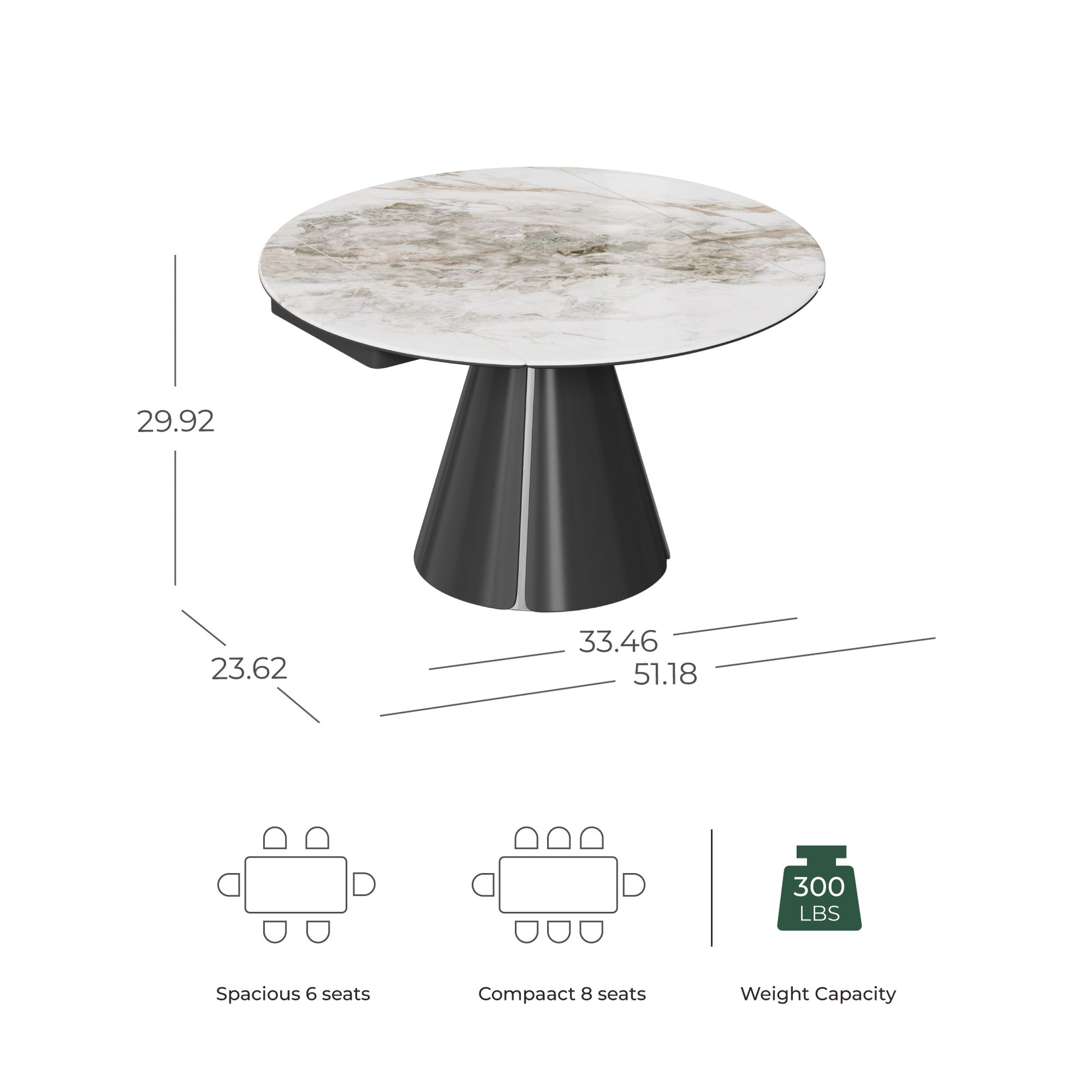 Round extendable sintered stone dining table with marble-look top and black pedestal base