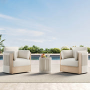 Clover Acacia Wood Woven Outdoor Bistro Set with Swivel Chair, poolside with a side table and fruit.