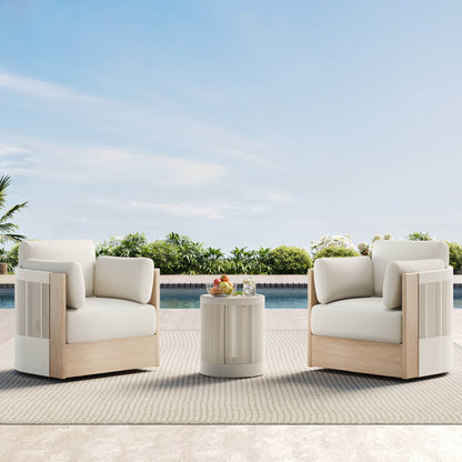 Clover Acacia Wood Woven Outdoor Bistro Set with Swivel Chair, poolside with a side table and fruit.
