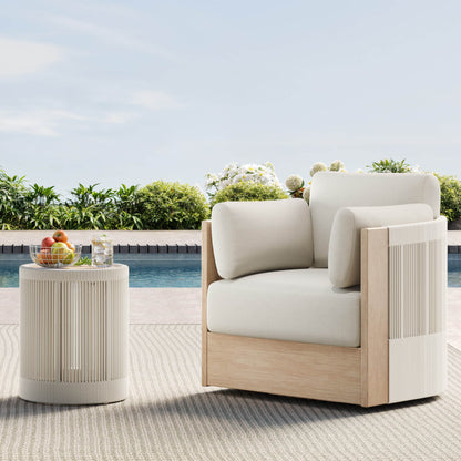 Clover Acacia Wood Woven Outdoor Bistro Set with Swivel Chair, poolside with a side table and fruit.