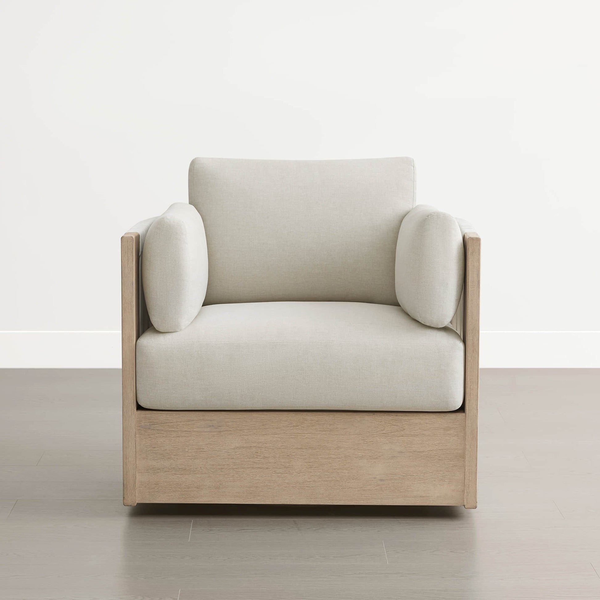 A Clover Acacia Wood Woven Outdoor Bistro Set with Swivel Chair, featuring a light wood frame and beige cushions.