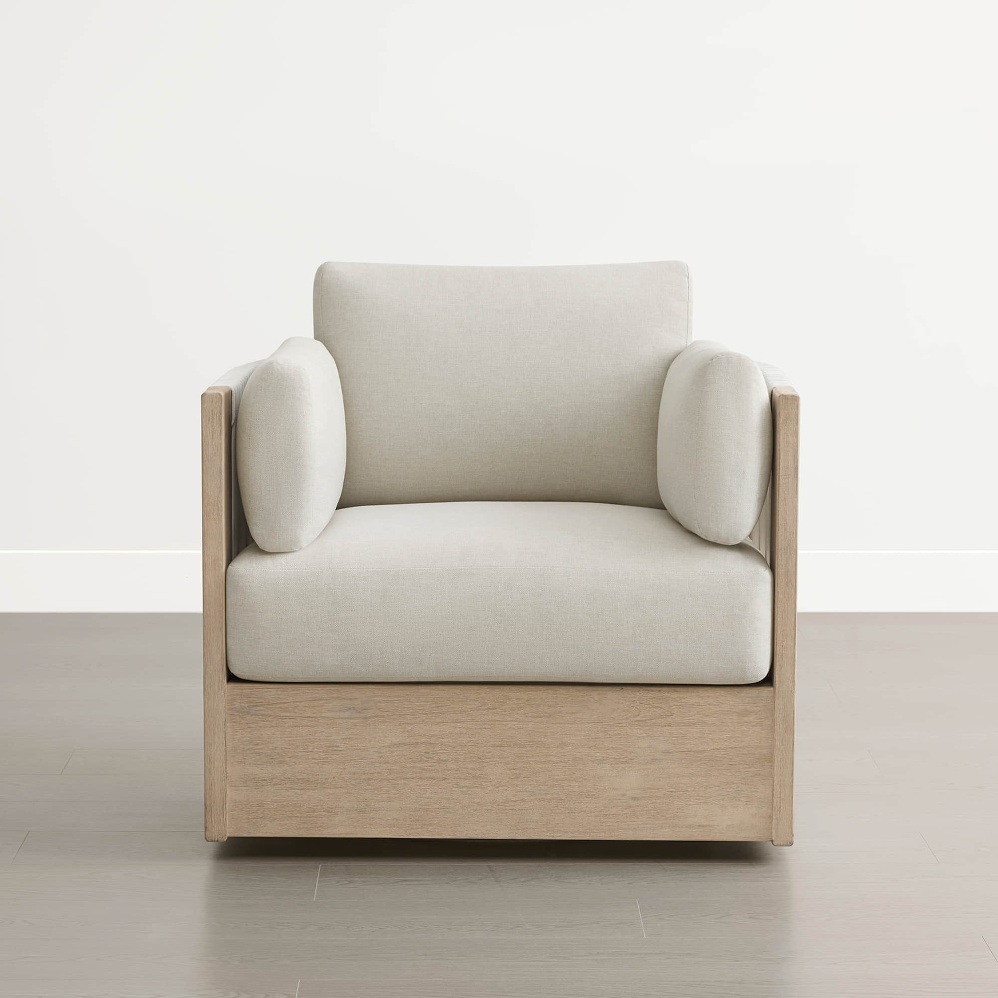 A Clover Acacia Wood Woven Outdoor Bistro Set with Swivel Chair, featuring a light wood frame and beige cushions.