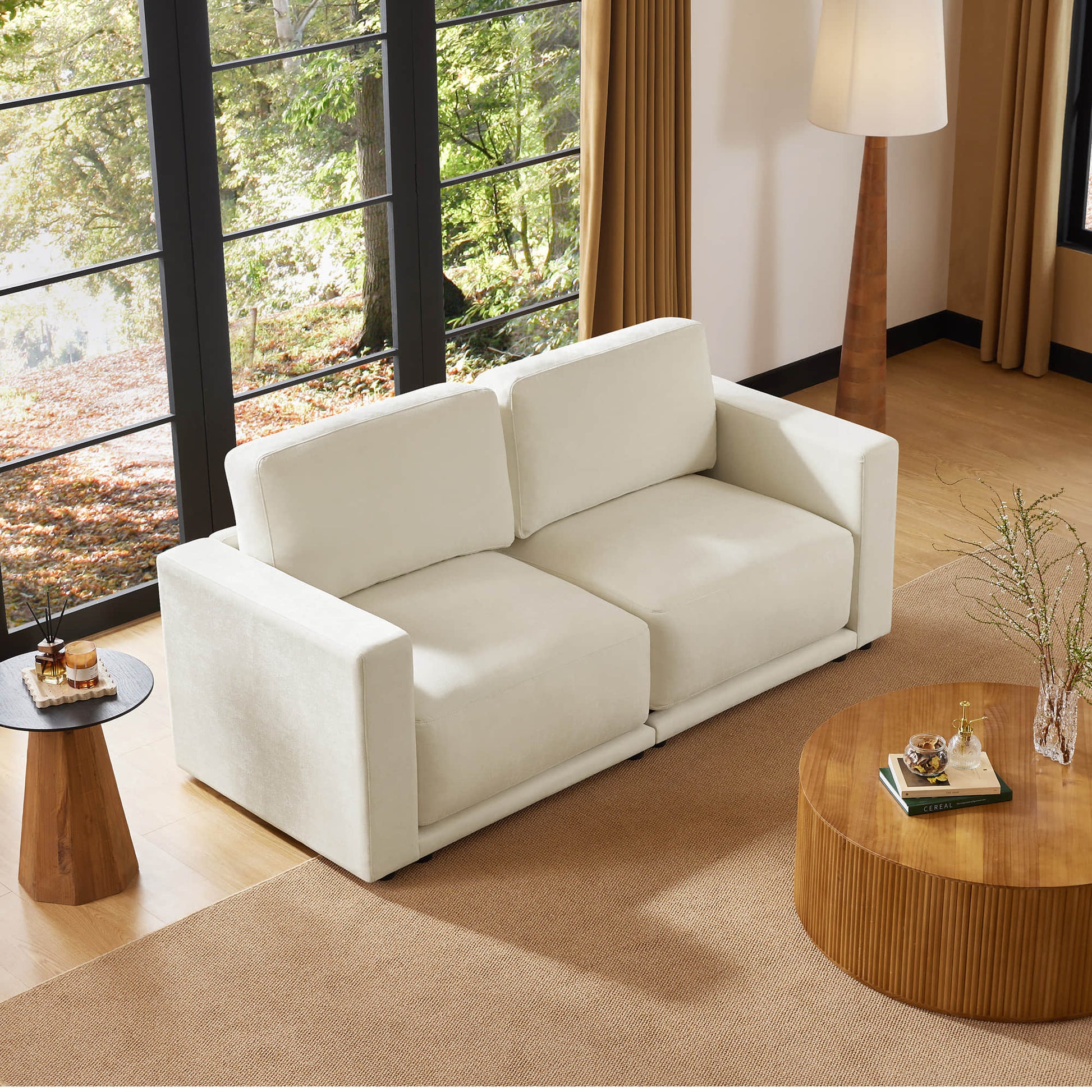 Stylish two-seater sofa with clean lines and soft cushions.