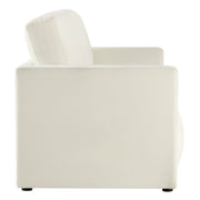 Sleek side profile of a modern white sofa, showcasing clean lines.