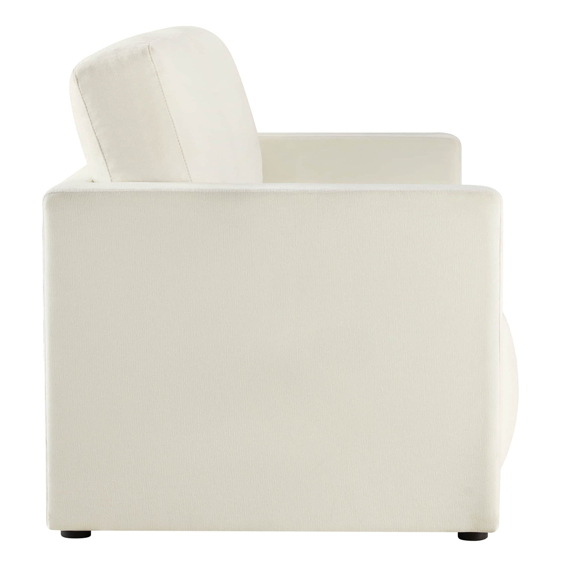 Sleek side profile of a modern white sofa, showcasing clean lines.