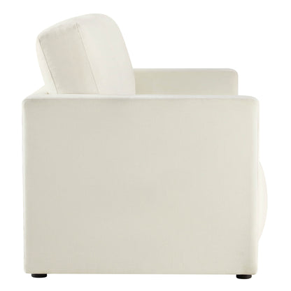 Sleek side profile of a modern white sofa, showcasing clean lines.
