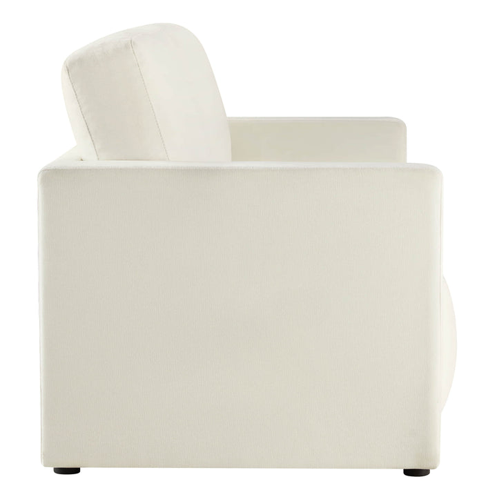Sleek side profile of a modern white sofa, showcasing clean lines.
