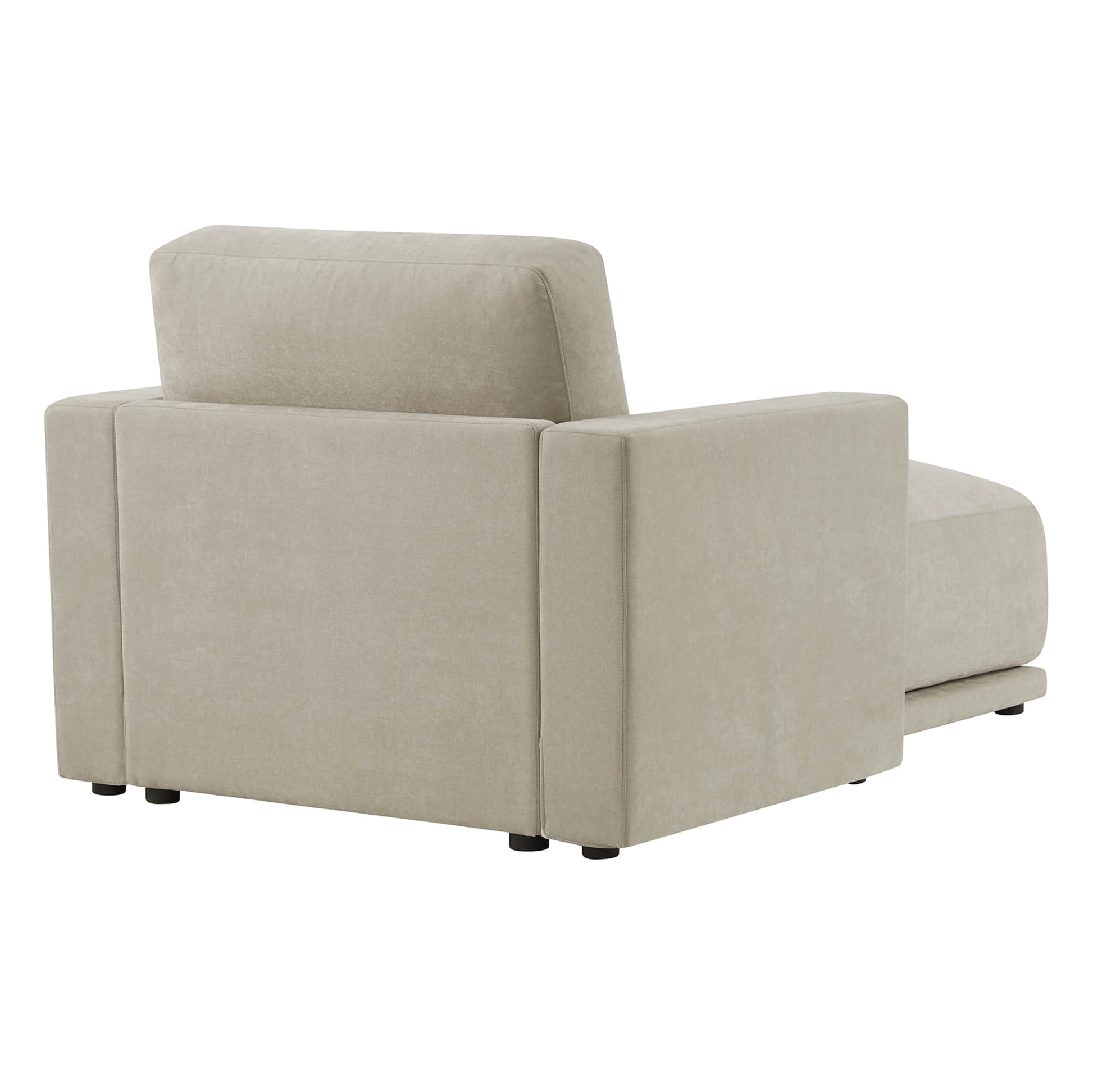 Rear view of a beige modular chaise sectional sofa, showcasing its sturdy fabric and modern design.
