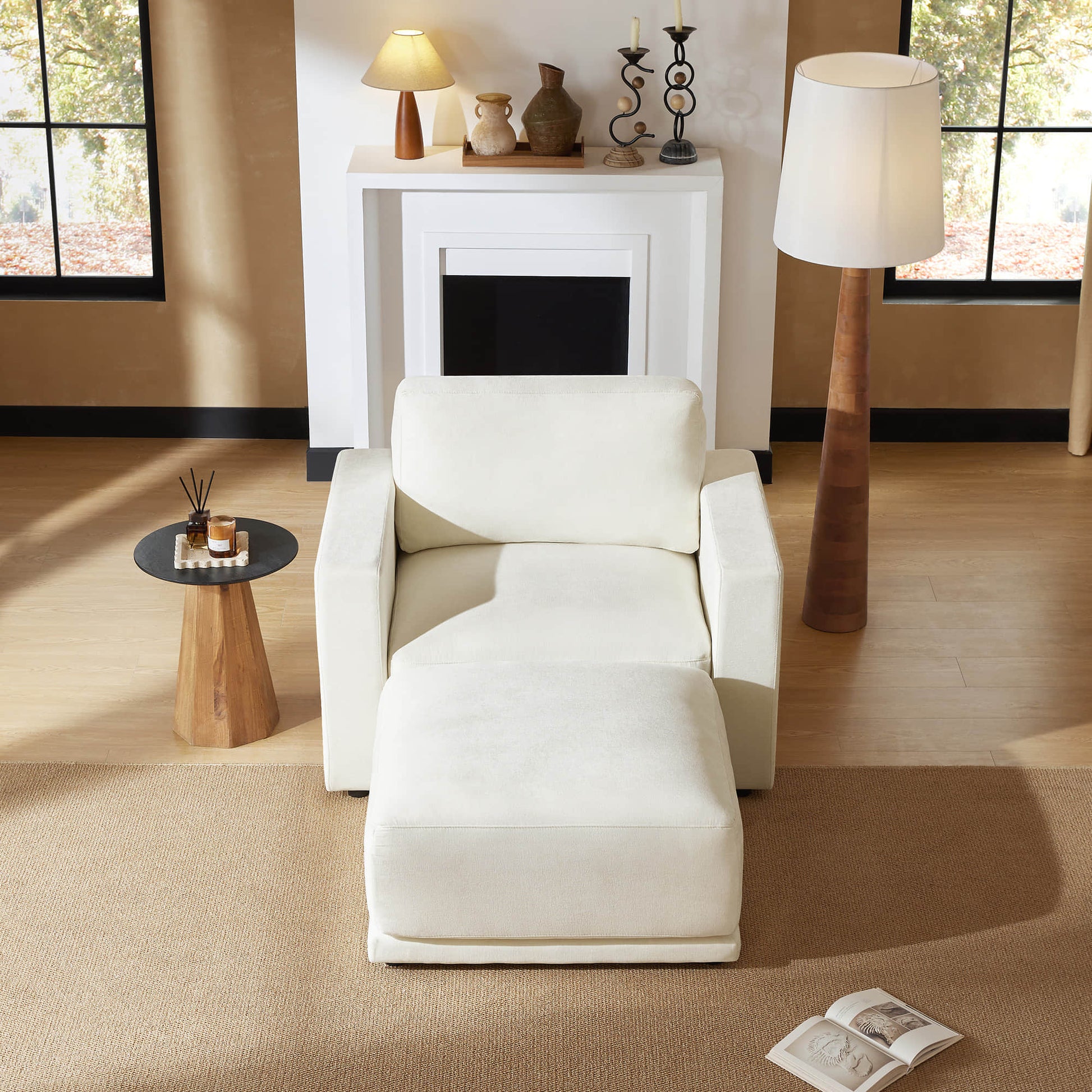Cozy armchair with a minimalist design and soft fabric.