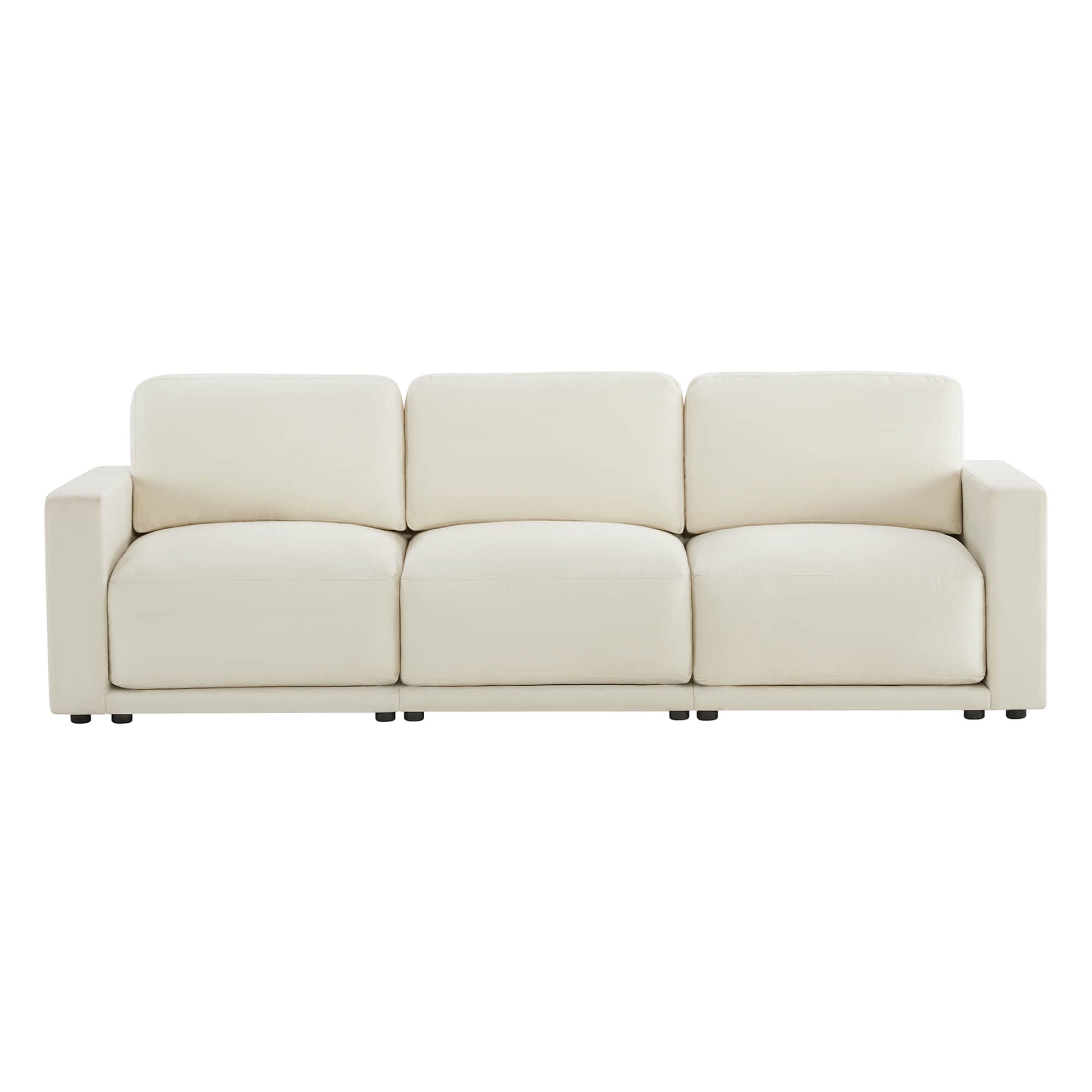A beige three-seater sofa viewed from the front, highlighting its symmetrical design and plush cushions.
