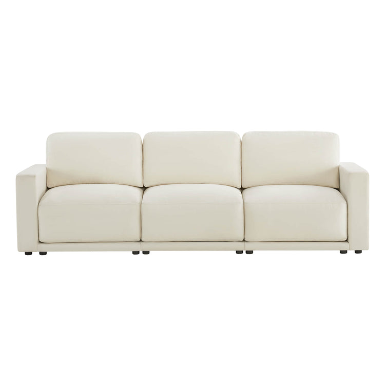 A beige three-seater sofa viewed from the front, highlighting its symmetrical design and plush cushions.