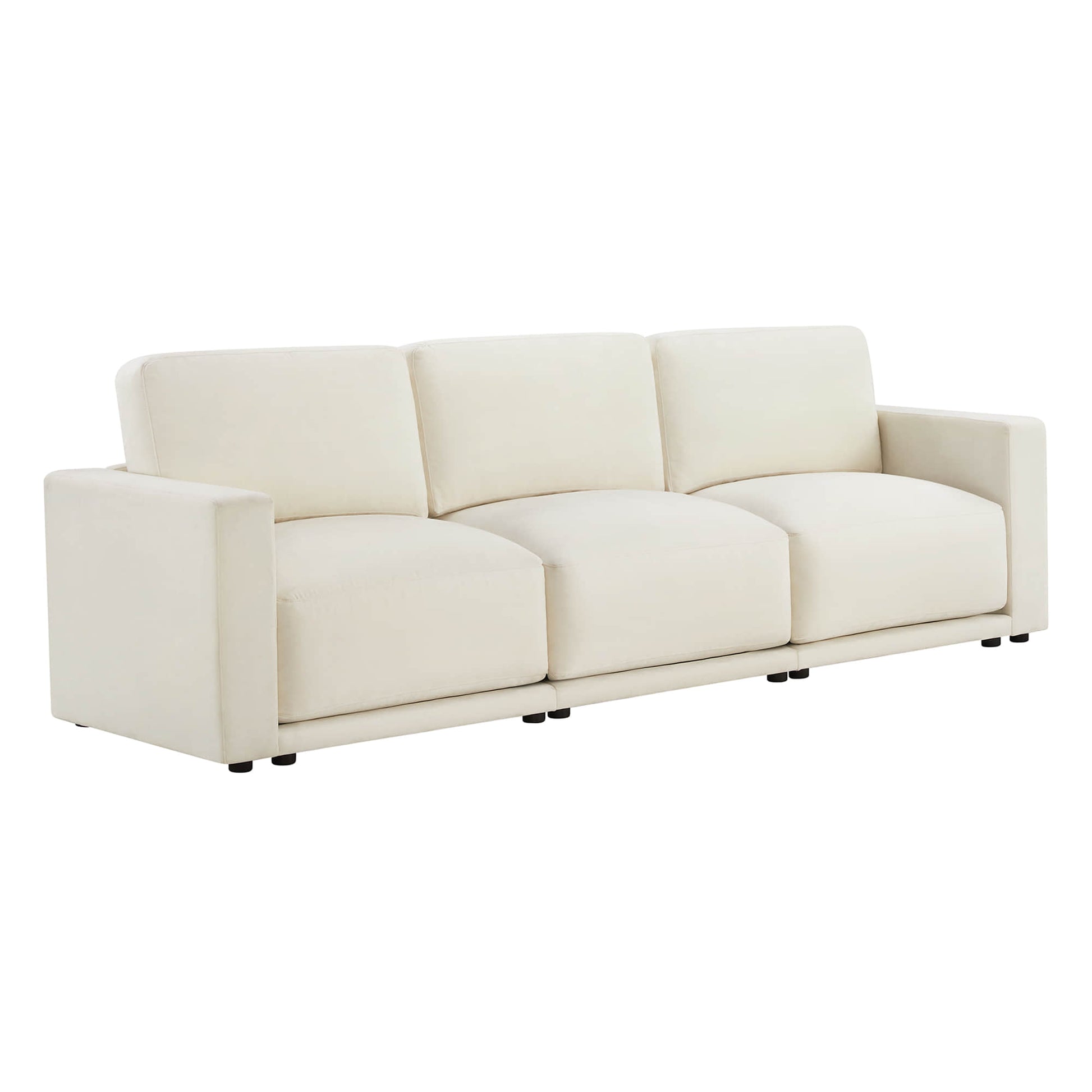 A beige three-seater sofa viewed from an angle, showcasing its modern design and clean lines.