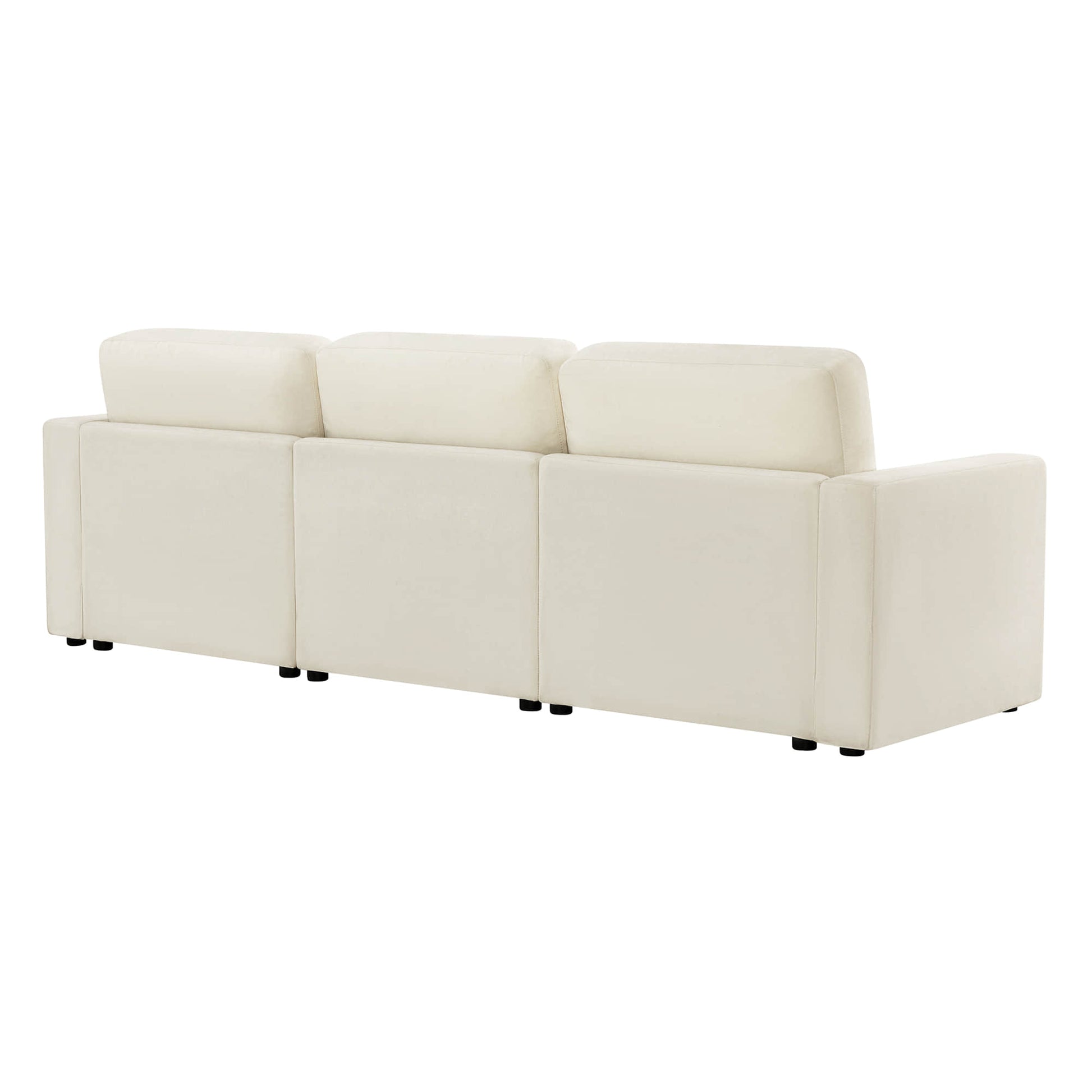 A beige three-seater sofa viewed from the back, showcasing its sleek design and sturdy construction.