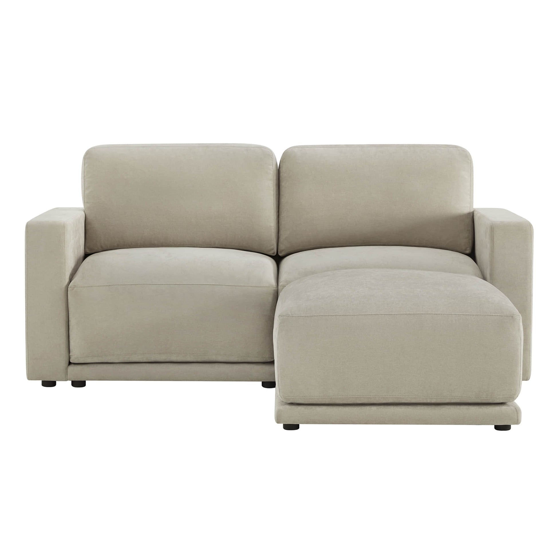 Front view of a beige sectional sofa with a chaise.