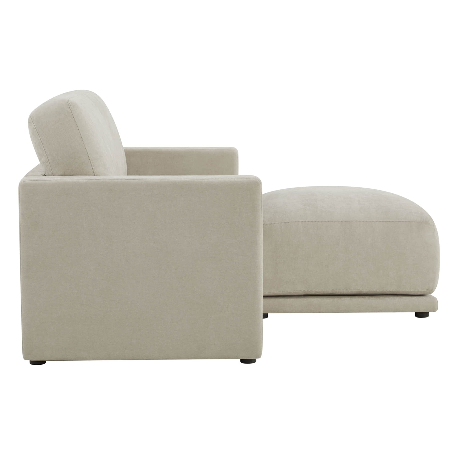 Side view of a beige sectional sofa with a chaise.